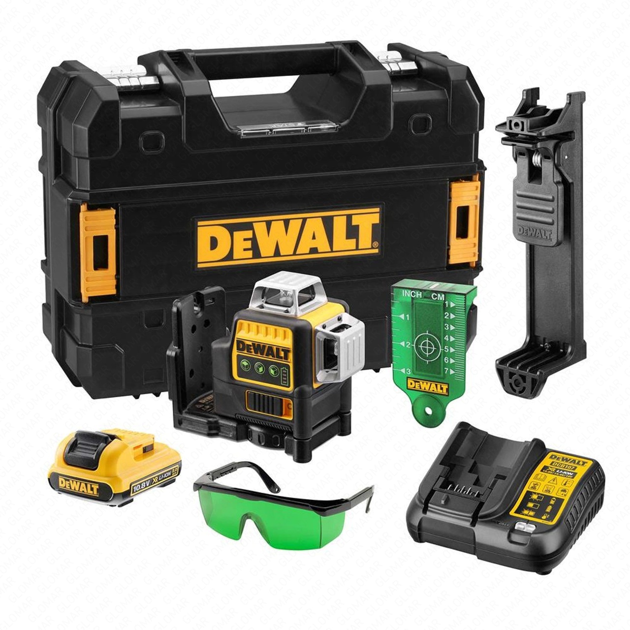 Dewalt DCE089D1G 12V XR Green 360° Multi Line Laser with 1x 2.0Ah, Charger, Case, Safety Glasses, Wall Bracket & Target Plate