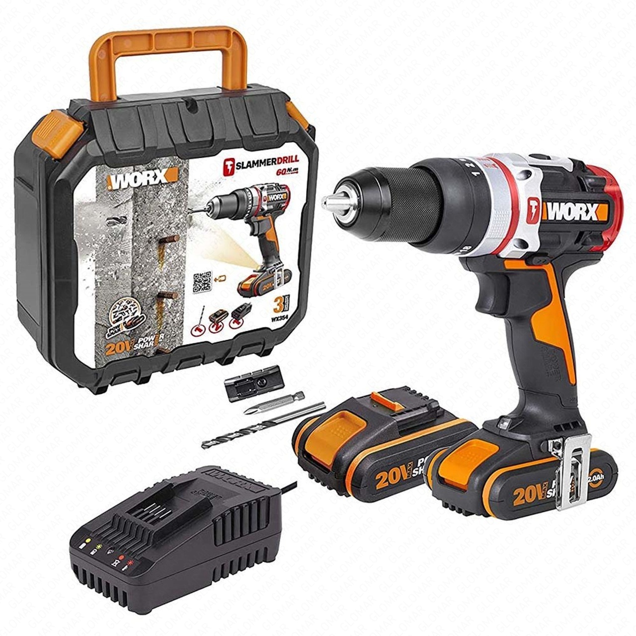 Worx WX354 20V MAX Brushless Combi Drill with 2x 2.0Ah Batteries, Charger & Case