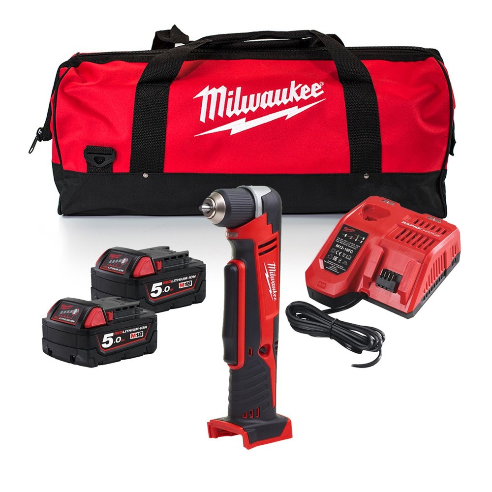 Milwaukee C18RAD-502B M18 18V Right Angle Drill Kit - 2x 5Ah Batteries Charger and Bag