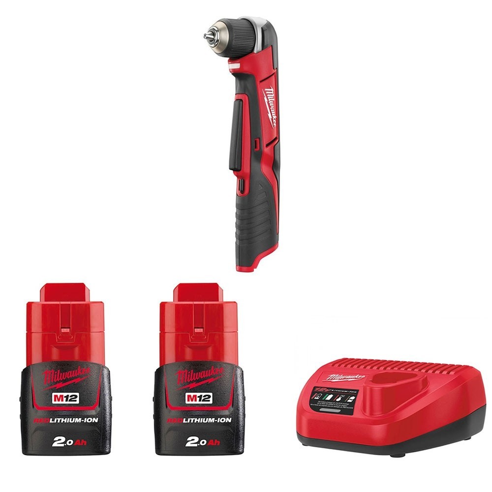 Milwaukee C12RAD-202 M12 12V Compact Right Angle Drill Kit - 2x 2Ah Batteries & Charger
