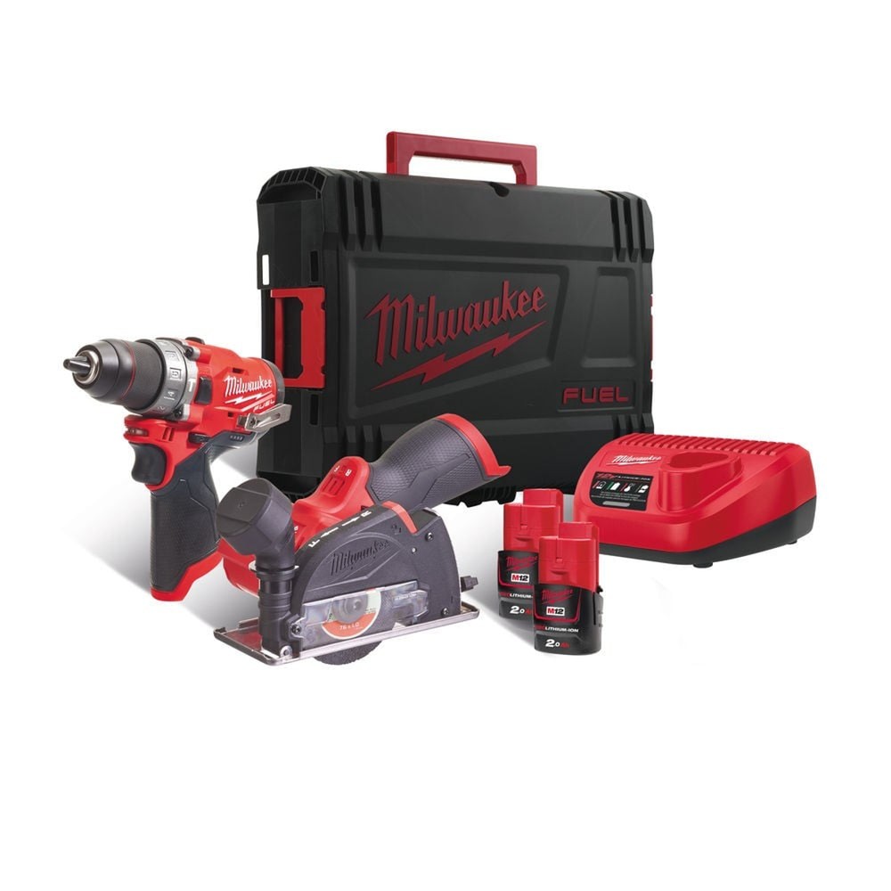 Milwaukee M12FPP2F-202X 12V FUEL Combi Drill and Cut Off Tool Kit - 2x 2Ah Batteries Charger and Case