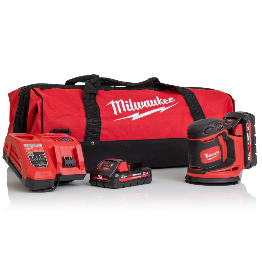Milwaukee M18BOS125-302B M18 18V Cordless Random Orbital Sander Kit - 2x 3Ah Batteries Charger and Bag