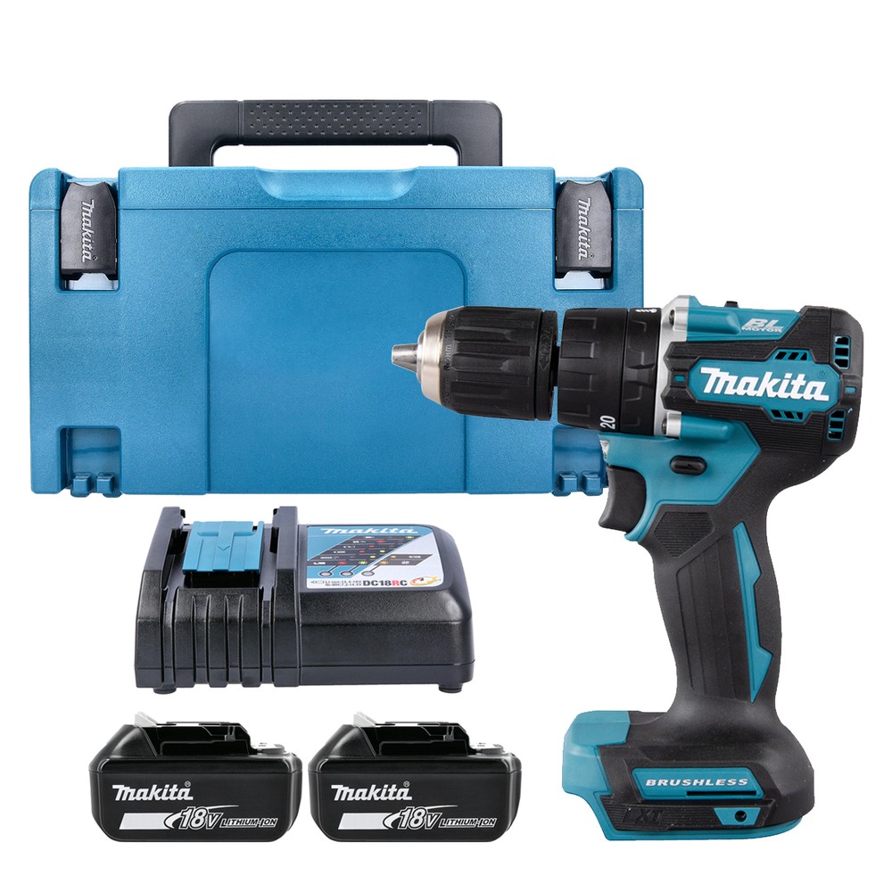 Makita Combi Drill DHP487Z 18V LXT Cordless Brushless 12 2-Speed Keyless Chuck Max 40Nm With 2 x 5.0Ah Batteries, Charger  Case Type 3