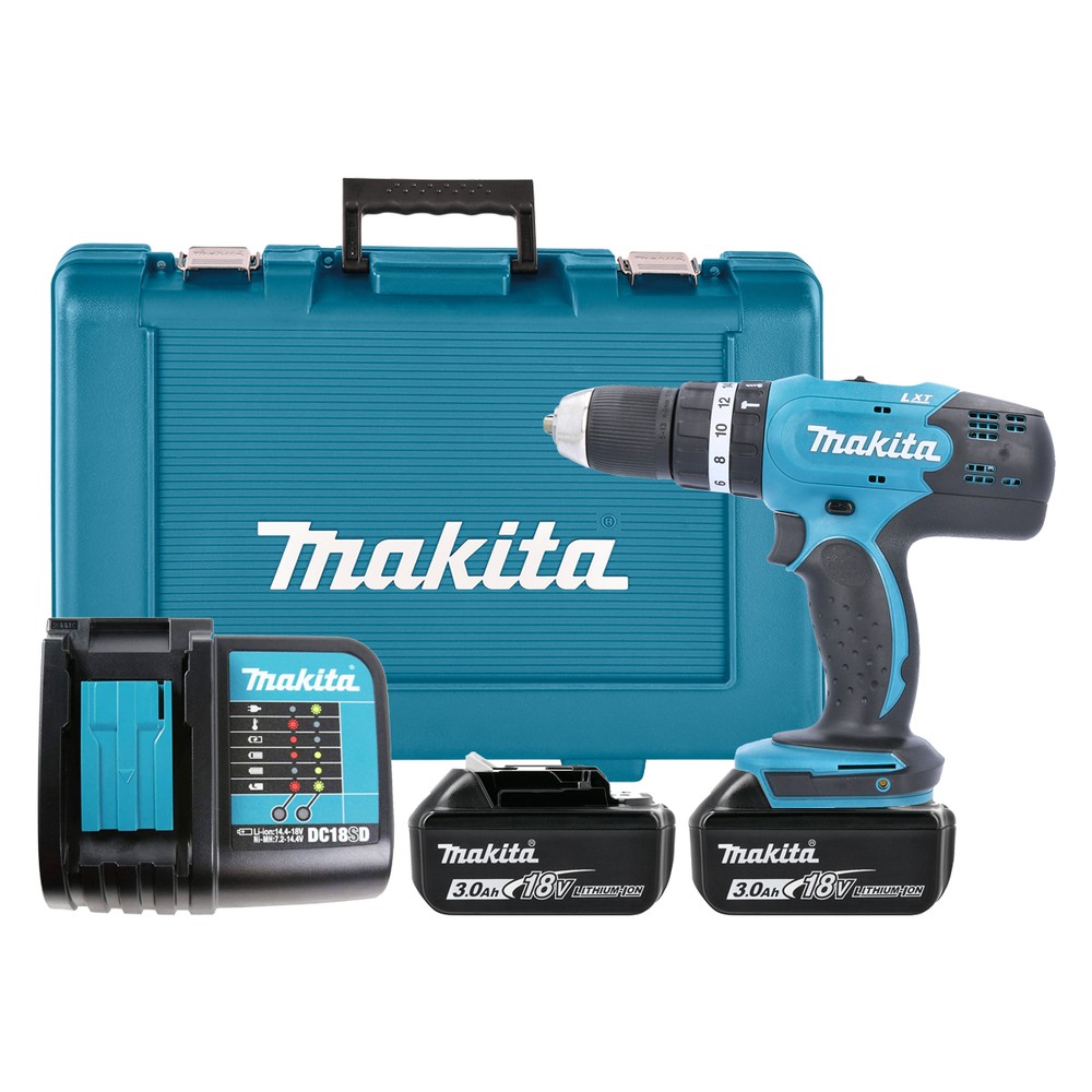 Makita Combi Drill DHP453F001 18V LXT Cordless 12 2-Speed Keyless chuck Max 42Nm With 2 x 3.0Ah Batteries, Charger  Case