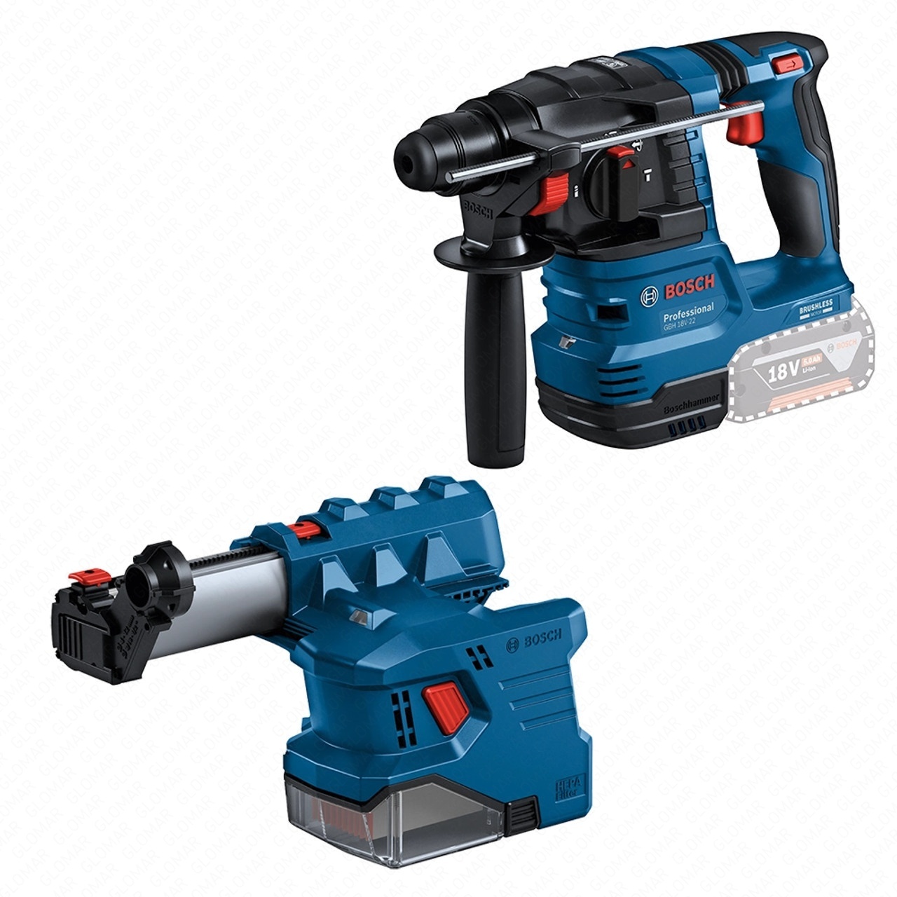 Bosch GBH 18V-22 Brushless 18V SDS Hammer Drill Body, GDE 18V-12 Dust Extractor