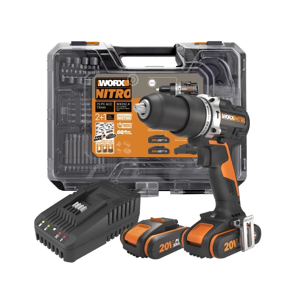 Worx WX352.4 20V MAX Nitro Brushless Combi Drill, 2x 2.0Ah Batteries, Charger, 75 Piece Accessory Set  Case