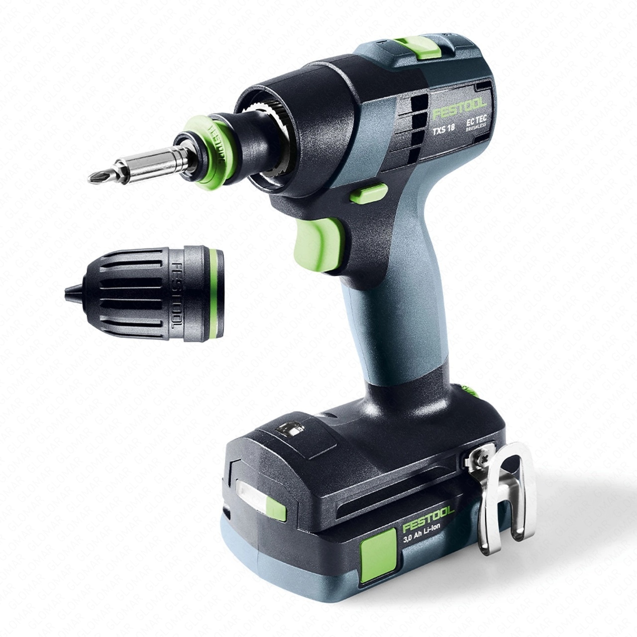 Festool TXS 18 18V Brushless Drill Driver, Chuck Attachments, 2x 3.0Ah Batteries, Charger  Case