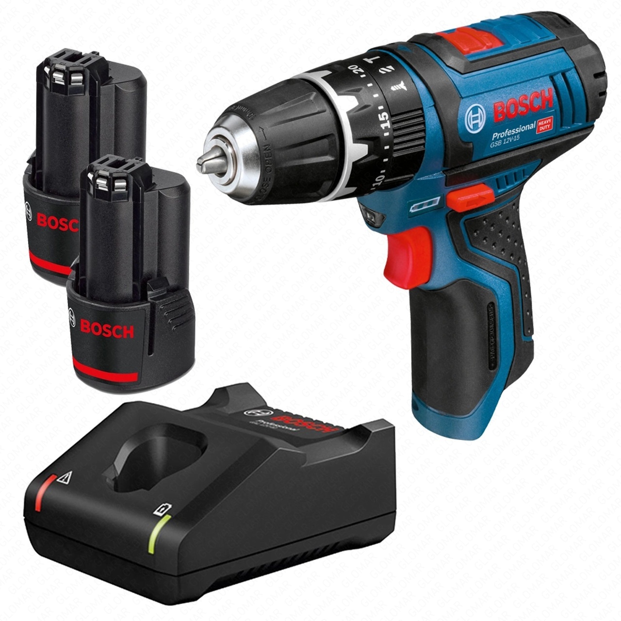 Bosch GSB 12V-15 12V Combi Drill, 2x 2.0Ah Batteries  Charger