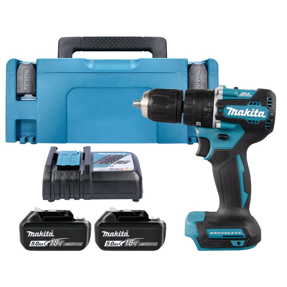 Makita Combi Drill DHP487RTJ 18V LXT Cordless Brushless 12 2-Speed Keyless Chuck Max 40Nm With 2 x 5.0Ah Batteries, Charger  Case