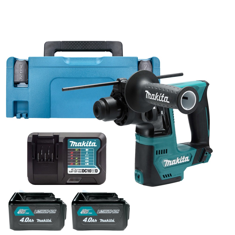 Makita Rotary Hammer HR140DWMJ 12V Max CXT Cordless SDS Plus 14mm With 2 x 4.0Ah Batteries, Charger  Case