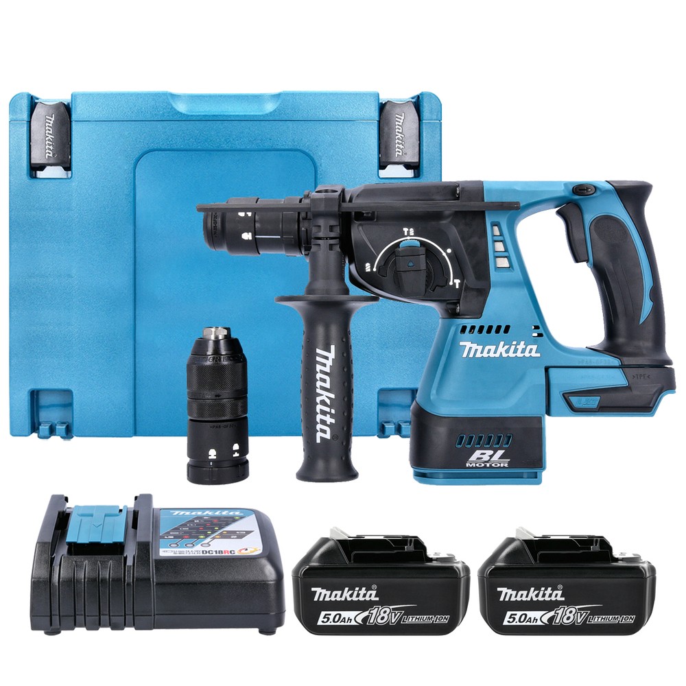 Makita DHR243RTJ 18V LXT Cordless Brushless SDS Plus Rotary Hammer Drill With 2 X 5.0Ah Batteries, Charger  Case