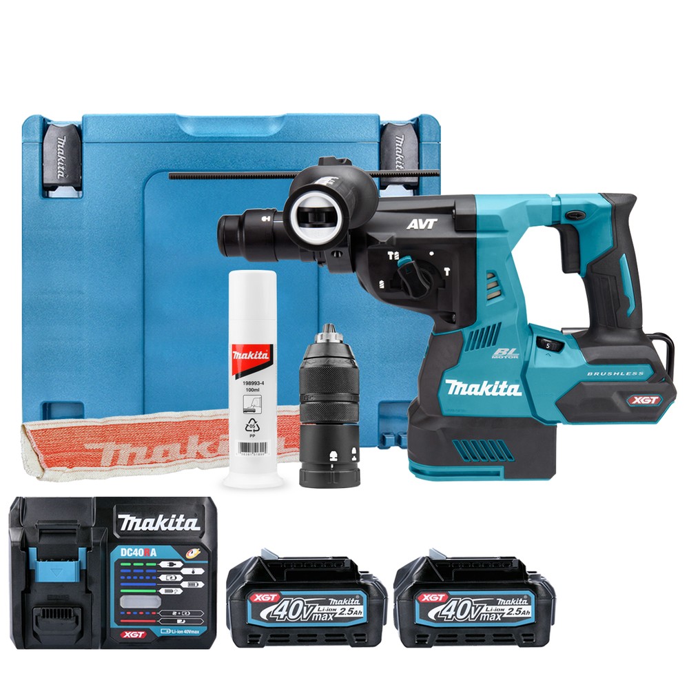 Makita Rotary Hammer HR004GD201 40V Max XGT Cordless Brushless SDS Plus AVT 28mm With 2 x 2.5Ah Batteries, Charger  Case