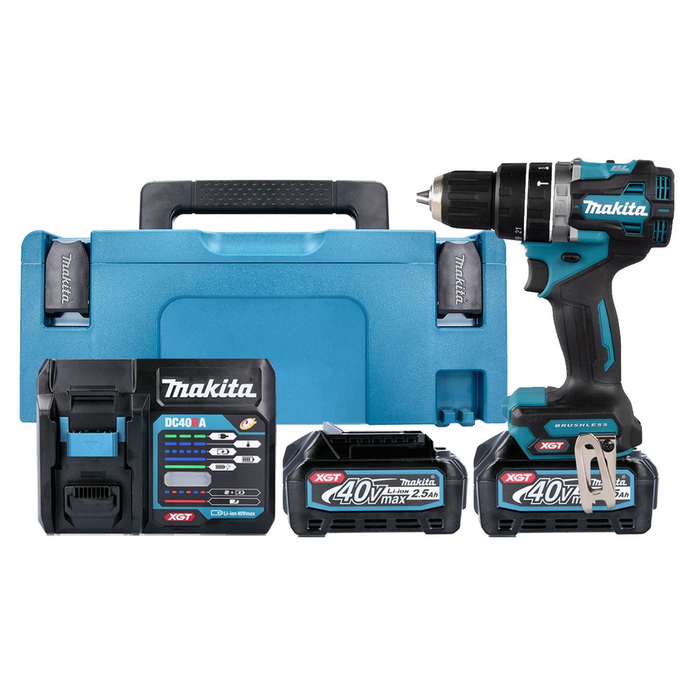 Makita Combi Drill HP002GD201 40V Max XGT Cordless Brushless 12 2-Speed Keyless Chuck Max 64Nm With 2 x 2.5Ah Batteries, Charger  Case