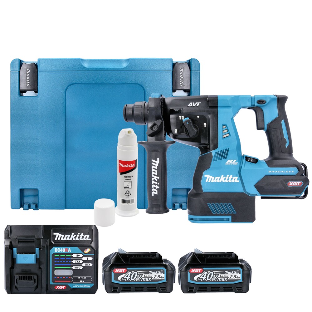 Makita Rotary Hammer HR003GD201 40V Max XGT Cordless Brushless SDS Plus AVT With 2 x 2.5Ah Batteries, Charger  Case