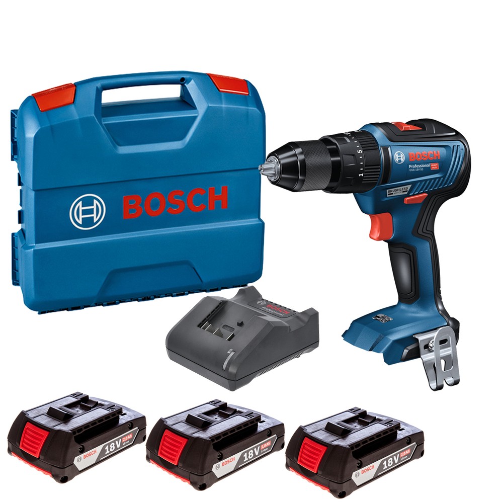 Bosch GSB 18V-55 18V Cordless Brushless Combi Drill With 3 x 2.0Ah Batteries, Charger  Carry Case - 0615990M5V