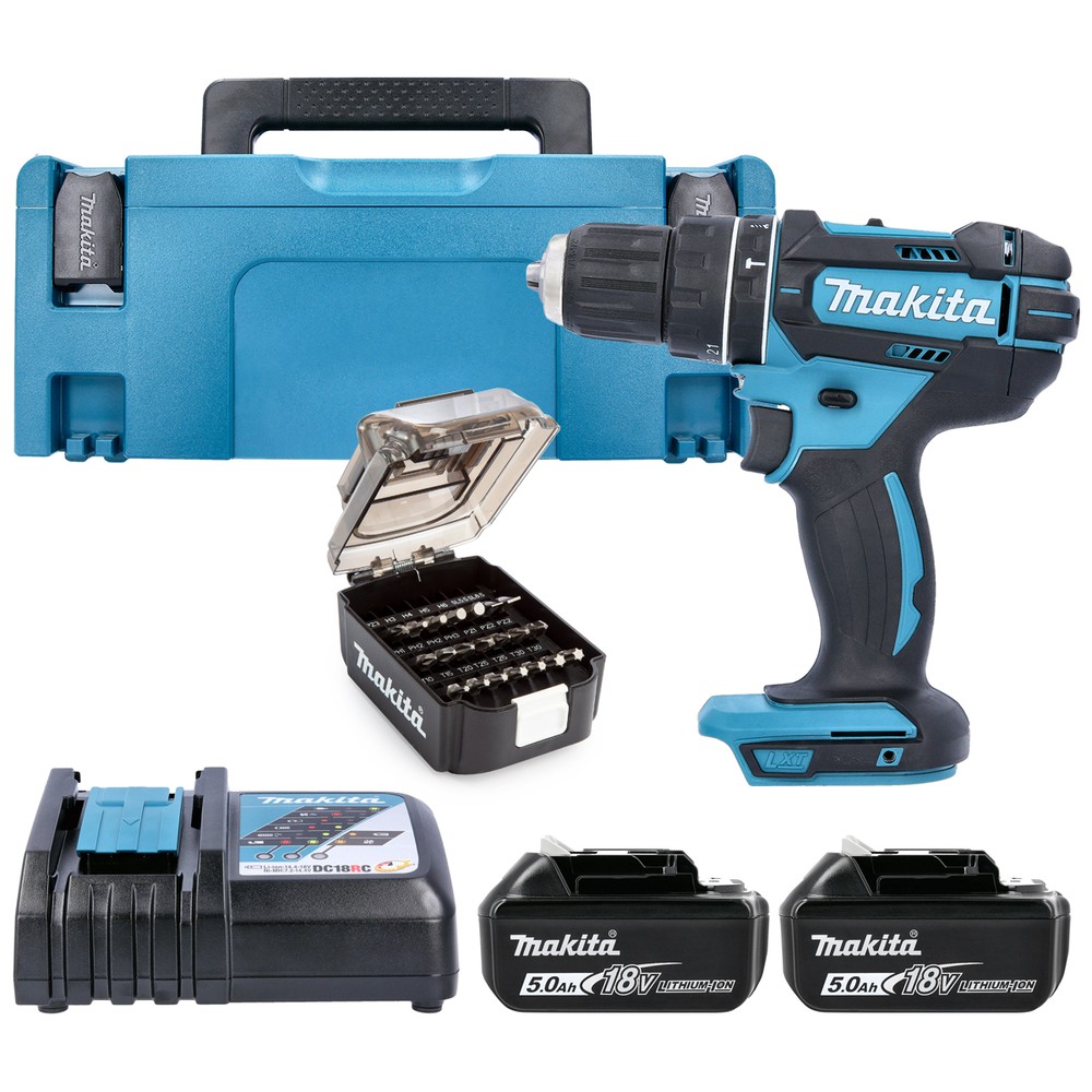 Makita Combi Drill DHP482JX14 18V LXT Cordless 12 2-Speed Keyless Chuck Max 62Nm With 2 x 5.0Ah Batteries, Charger, 21 Pcs Bit Set  Case Type 2