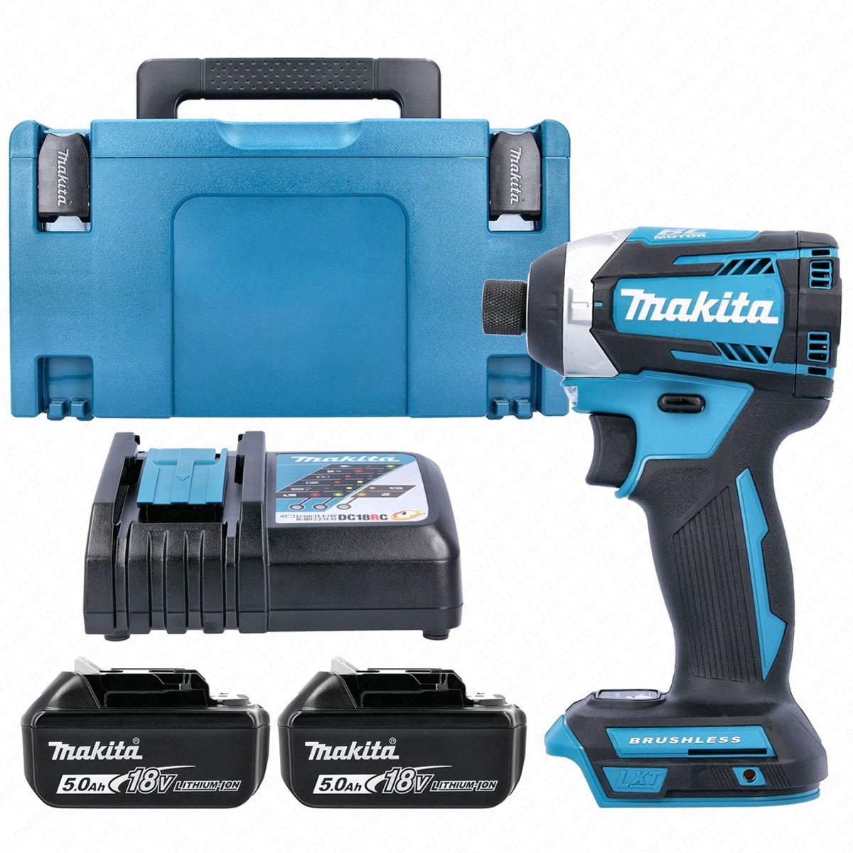 Makita Impact Driver DTD154Z 18V LXT Cordless Brushless 14 175Nm With 2 x 5.0Ah Batteries, Charger  Case Type 3