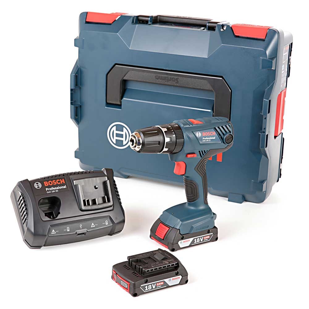 Bosch GSB18V-21 Li-ion Combi Drill With 2 x 2.0Ah Batteries, Charger  L-Boxx