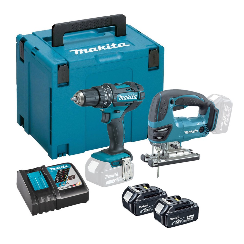 Makita DLX2134MJ 18v LXT Twin Kit DJV180 Jigsaw & DHP482 Combi Drill Inc 2x 4.0Ah Batts