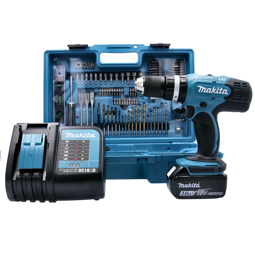 Makita Combi Drill DHP453FX12 18V LXT Cordless 12 2-Speed Keyless chuck Max 42Nm With 1 x 5.0Ah Battery, Charger. 101 Pcs Accessory Set  Case