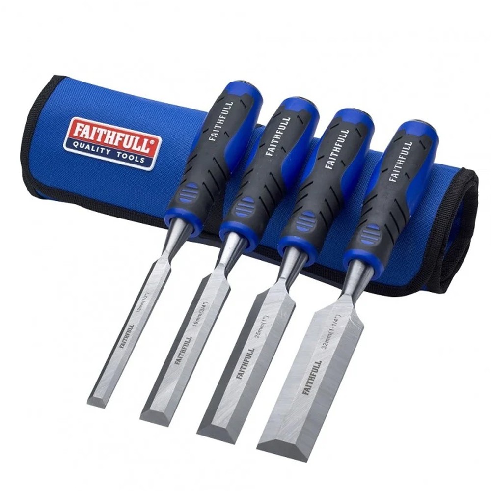 Faithfull FAIWCSGS4CR 4 Piece Soft Grip Wood Chisel Set With Chisel Roll